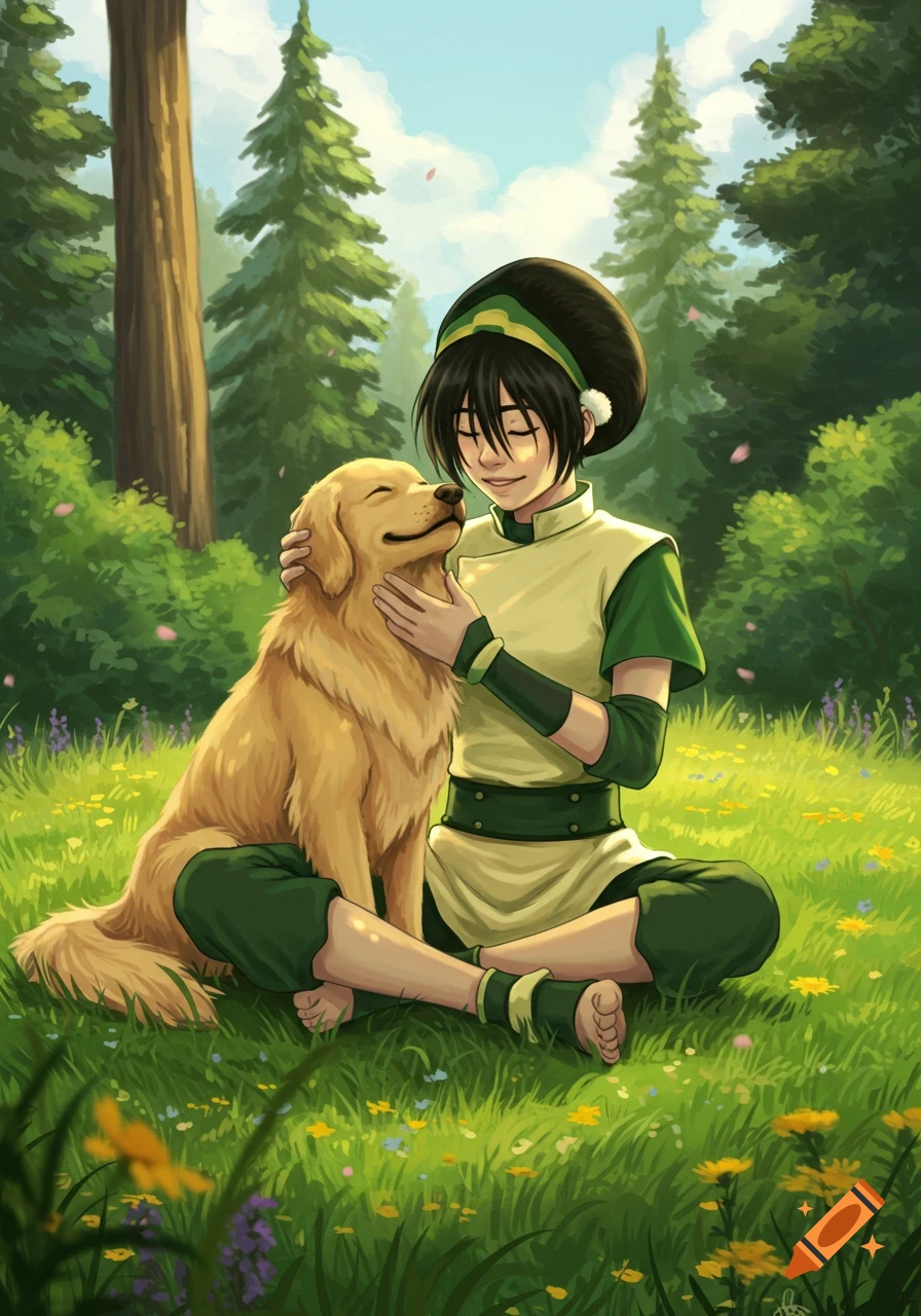 Toph Beifong sits in a sunny forest, happily petting a golden retriever in an anime illustration style.
