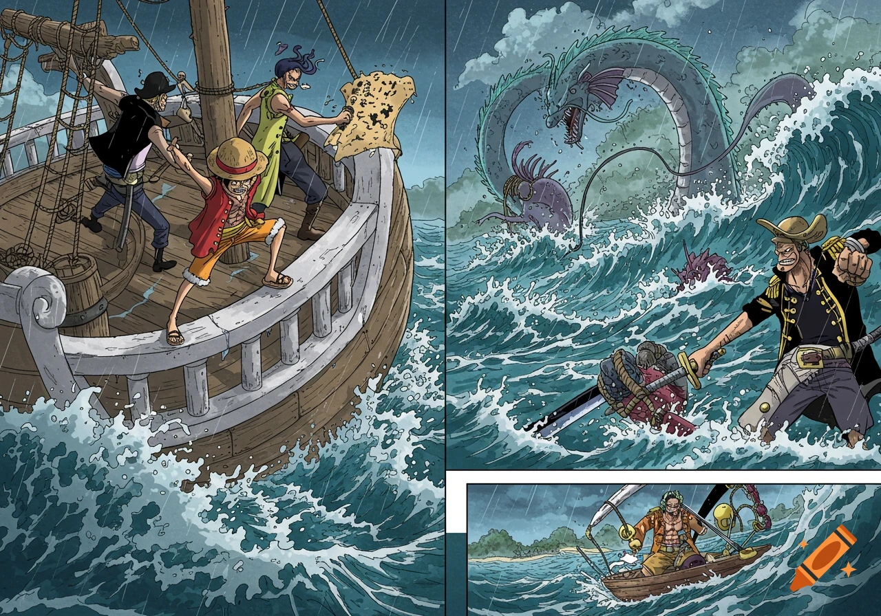 Anime-style illustration of pirates battling a sea monster in a storm, while another character rows a small boat towards an island.