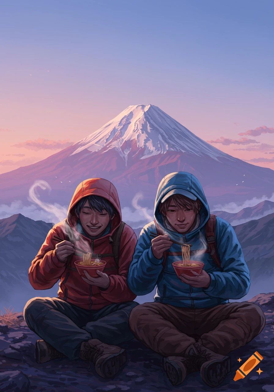 Anime style illustration of two people eating ramen noodles on a mountain overlooking a snow-capped Mount Fuji at sunset.