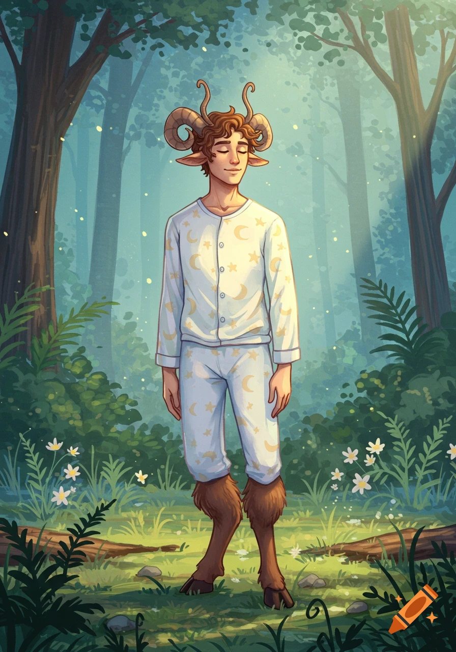 A male faun with curly brown hair, ram horns, and furred legs wears white pajamas patterned with moons and stars, standing in a magical, sunlit forest.