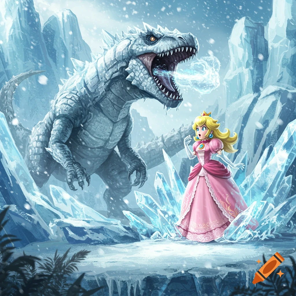 Princess Peach looks surprised as a large ice monster breathes frost in a snowy, icy landscape. Detailed digital painting.