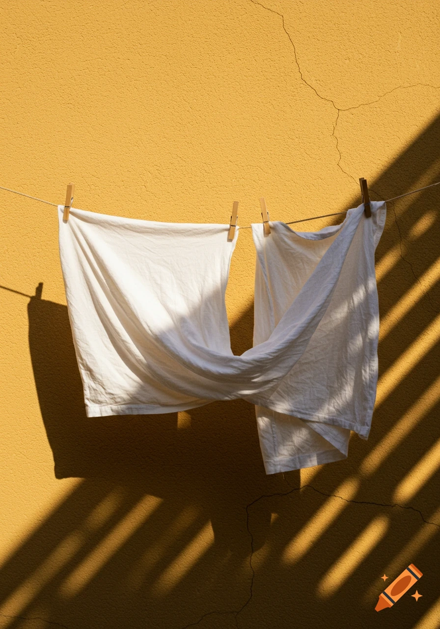 White laundry hanging on a clothesline with wooden pins against a yellow-orange textured wall, casting striped shadows.