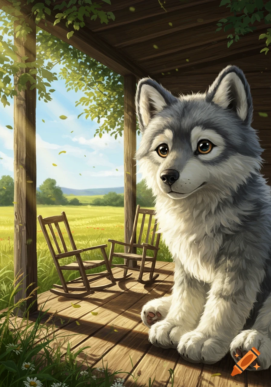 A cute, fluffy grey wolf pup sits on a wooden porch, looking at a sunny field with rocking chairs, in an illustrative style.