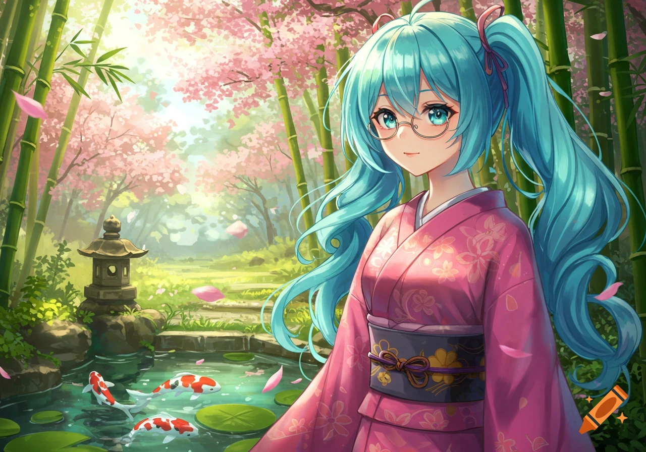 An anime girl with blue hair and glasses in a pink kimono stands in a Japanese garden with cherry blossoms, bamboo, and a koi pond.