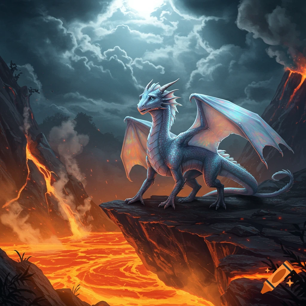 A scared white dragon with iridescent wings stands on a rocky cliff overlooking a river of molten lava under a dark, cloudy sky with a bright light.