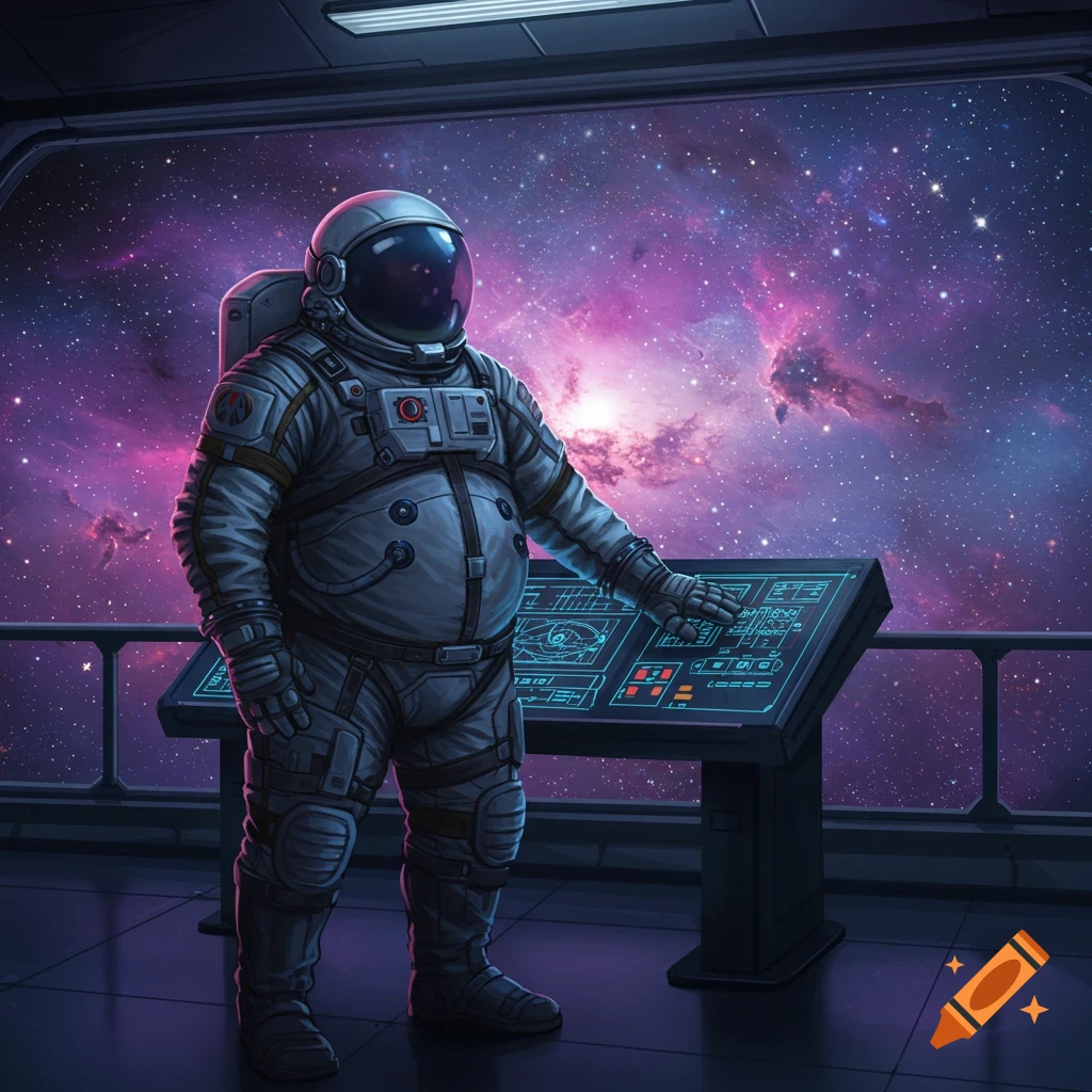A fat astronaut in a detailed spacesuit stands at a glowing control panel inside a spaceship, looking out at a vibrant purple galaxy.