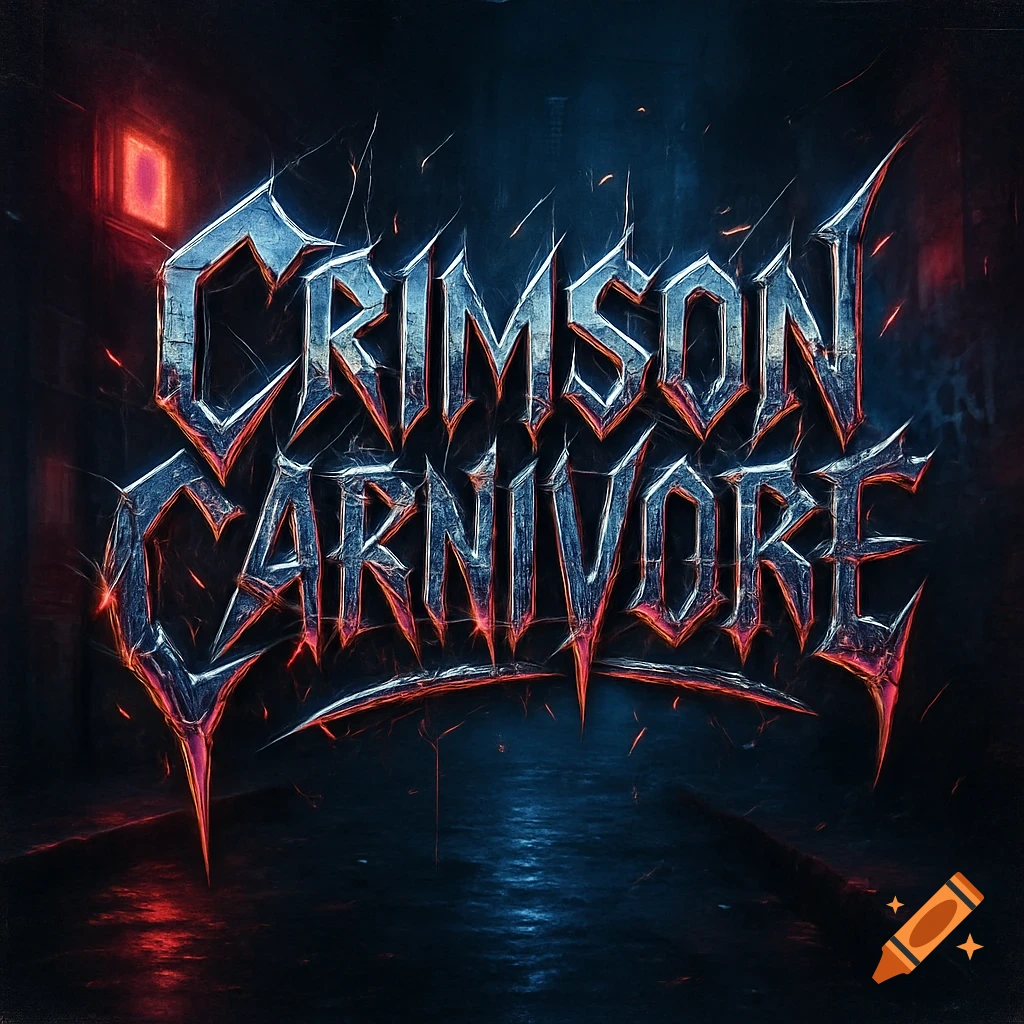 Stylized metal band logo for 'Crimson Carnivore' with jagged chrome text, red neon highlights, and a dark urban alley background.