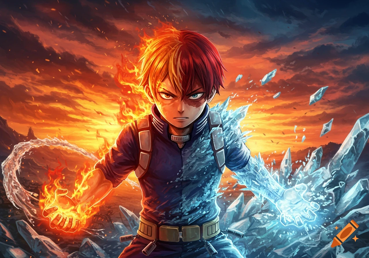 Shoto Todoroki unleashes fire from his right hand and ice from his left, against a fiery orange sky.