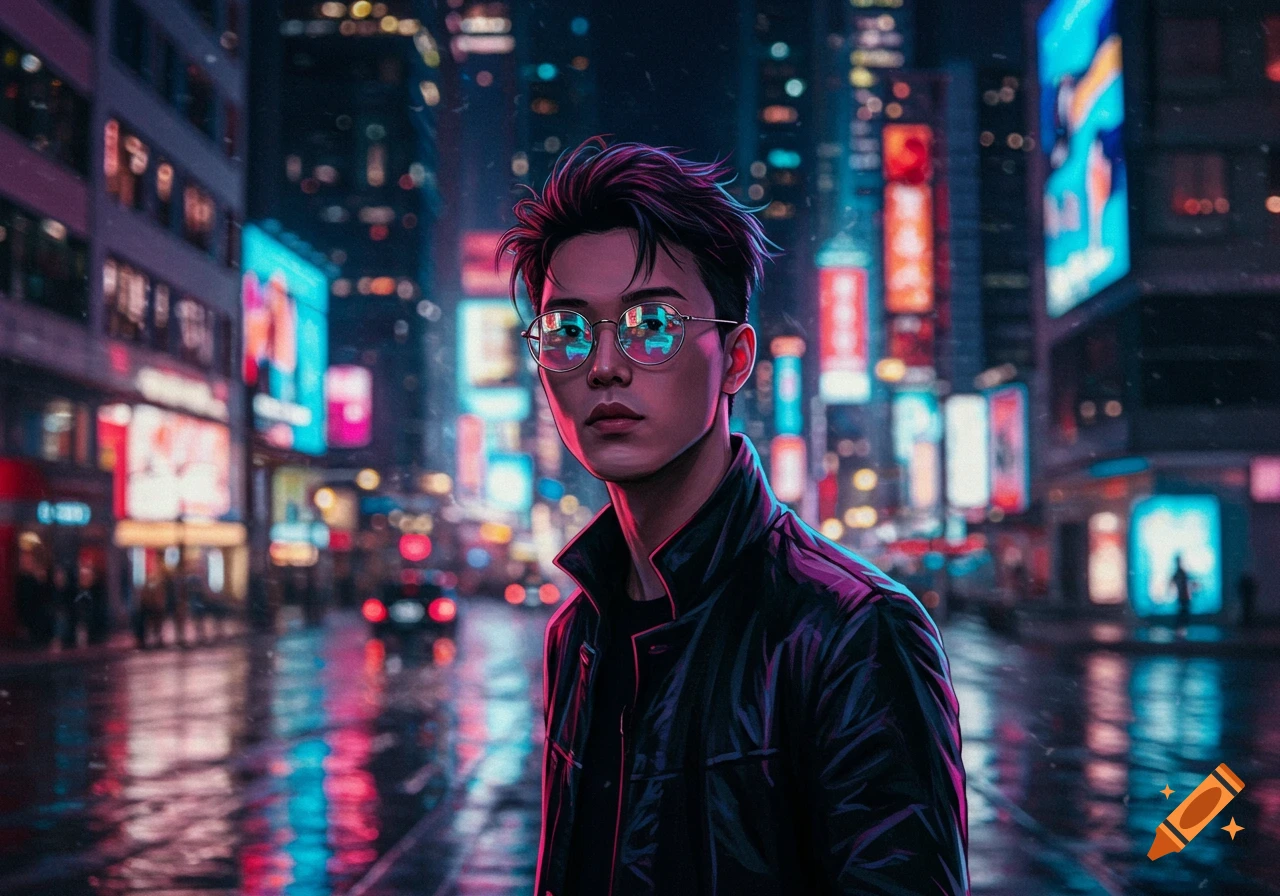 Stylized illustration of a young Asian man with glasses and a black jacket in a neon-lit cyberpunk city at night.