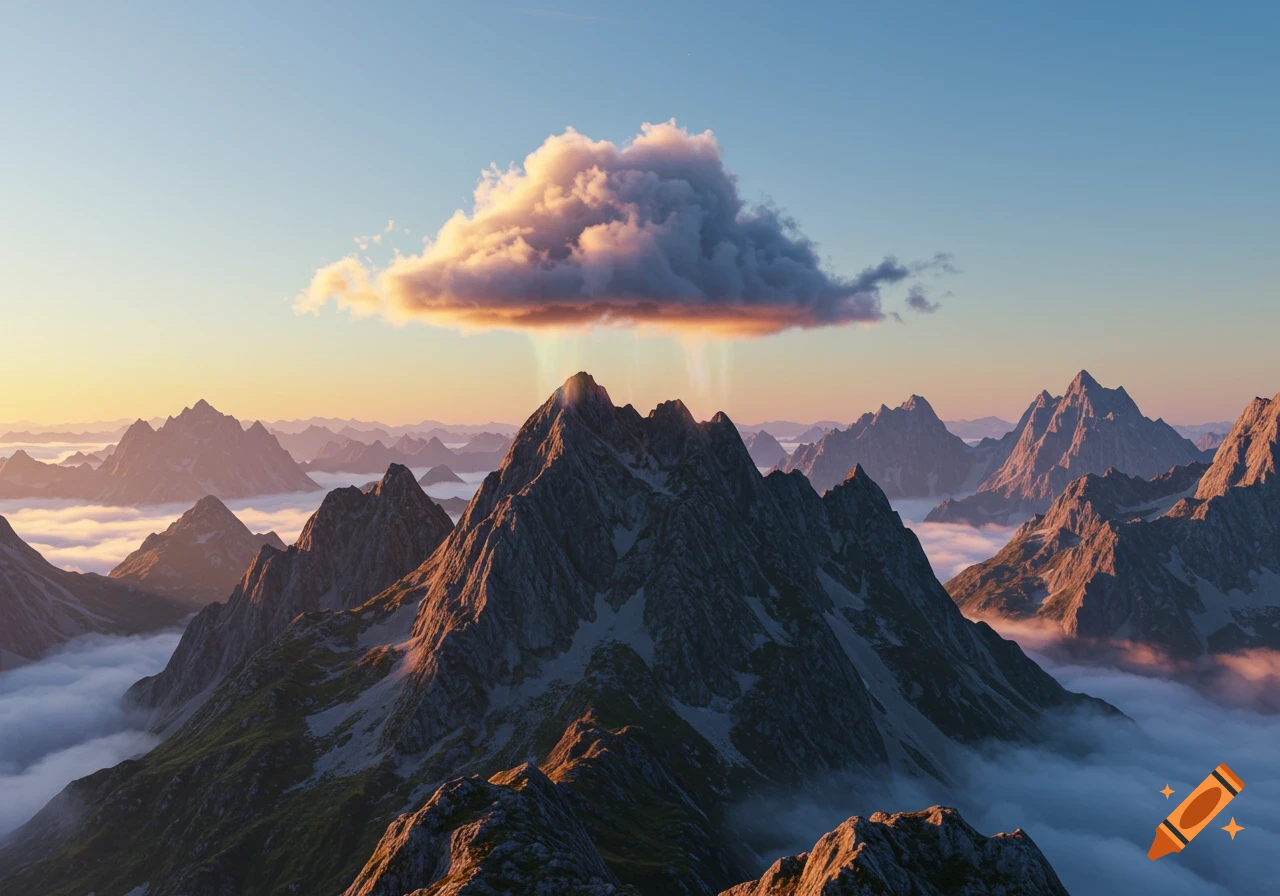 Hyperrealistic sunset over misty mountains with a glowing cloud radiating light onto the tallest peak.