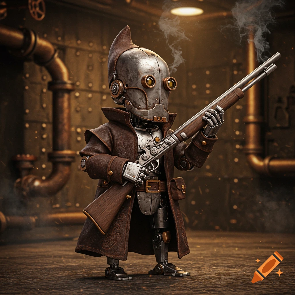A detailed steampunk robot, resembling a gnome, stands in an industrial setting, holding a musket and wearing a leather duster.