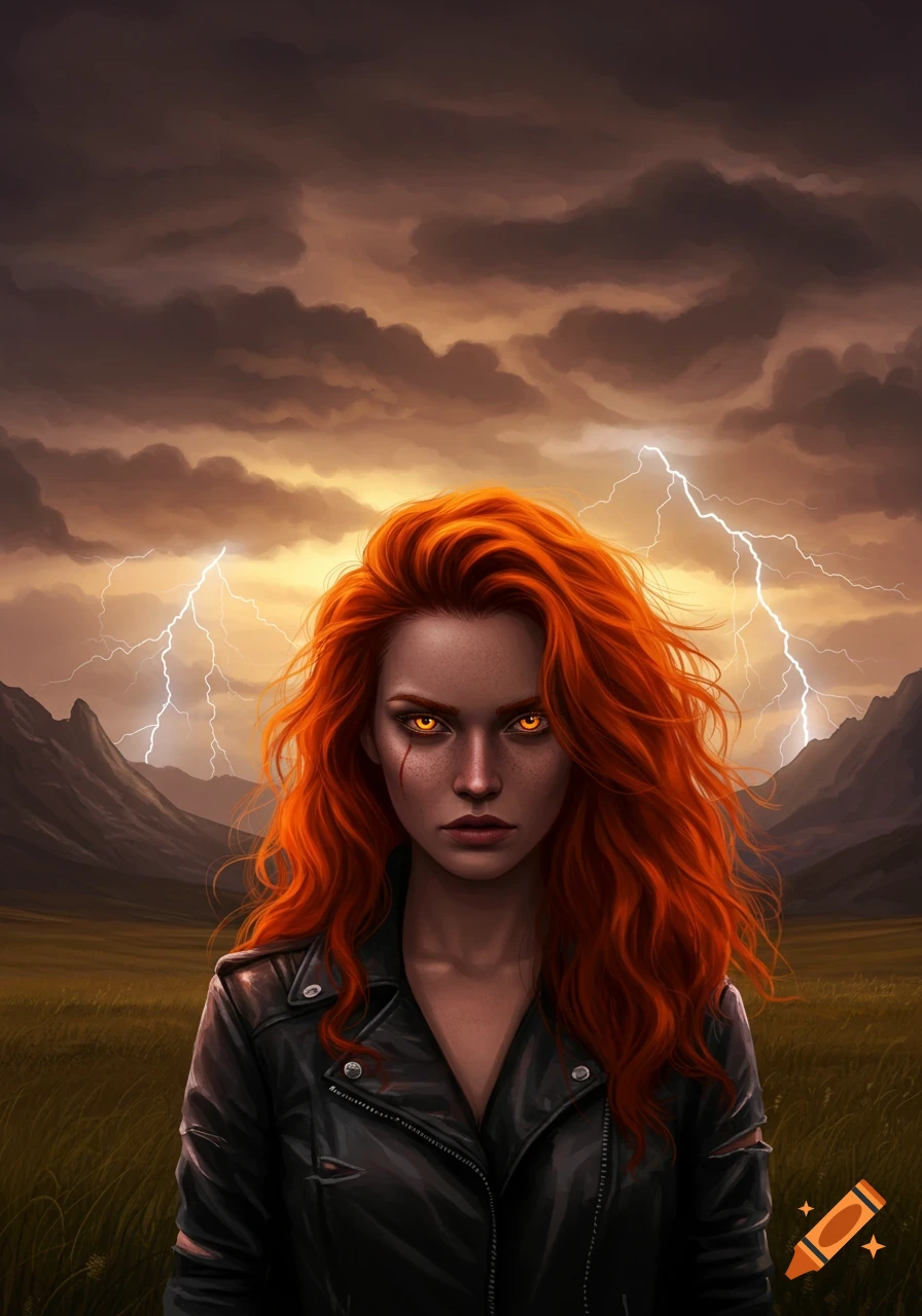 Digital art of a red-haired woman with glowing eyes and a scar, in a leather jacket, in a stormy mountain landscape with lightning.
