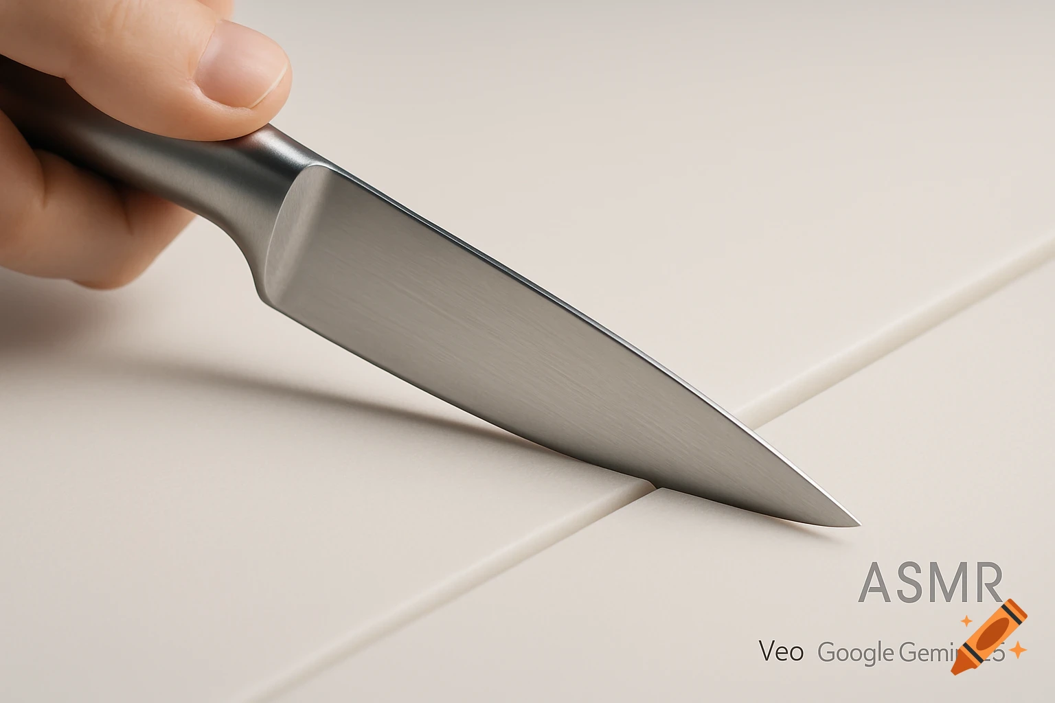 A close-up, photorealistic shot of a hand holding a knife with a metallic blade, poised to cut into a light-colored surface.