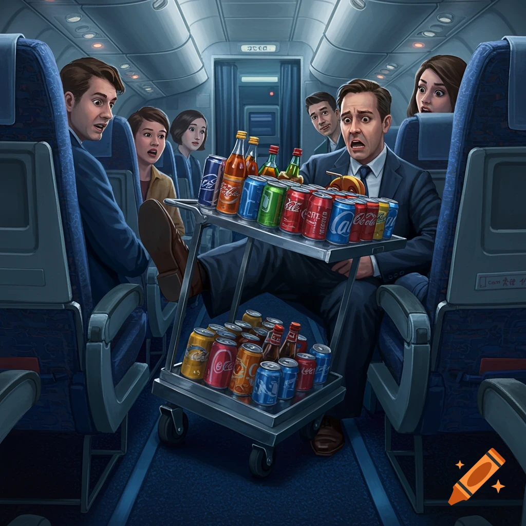 An illustration of a shocked man in an airplane aisle seat, looking at a drink cart crushing his foot, while other passengers react.