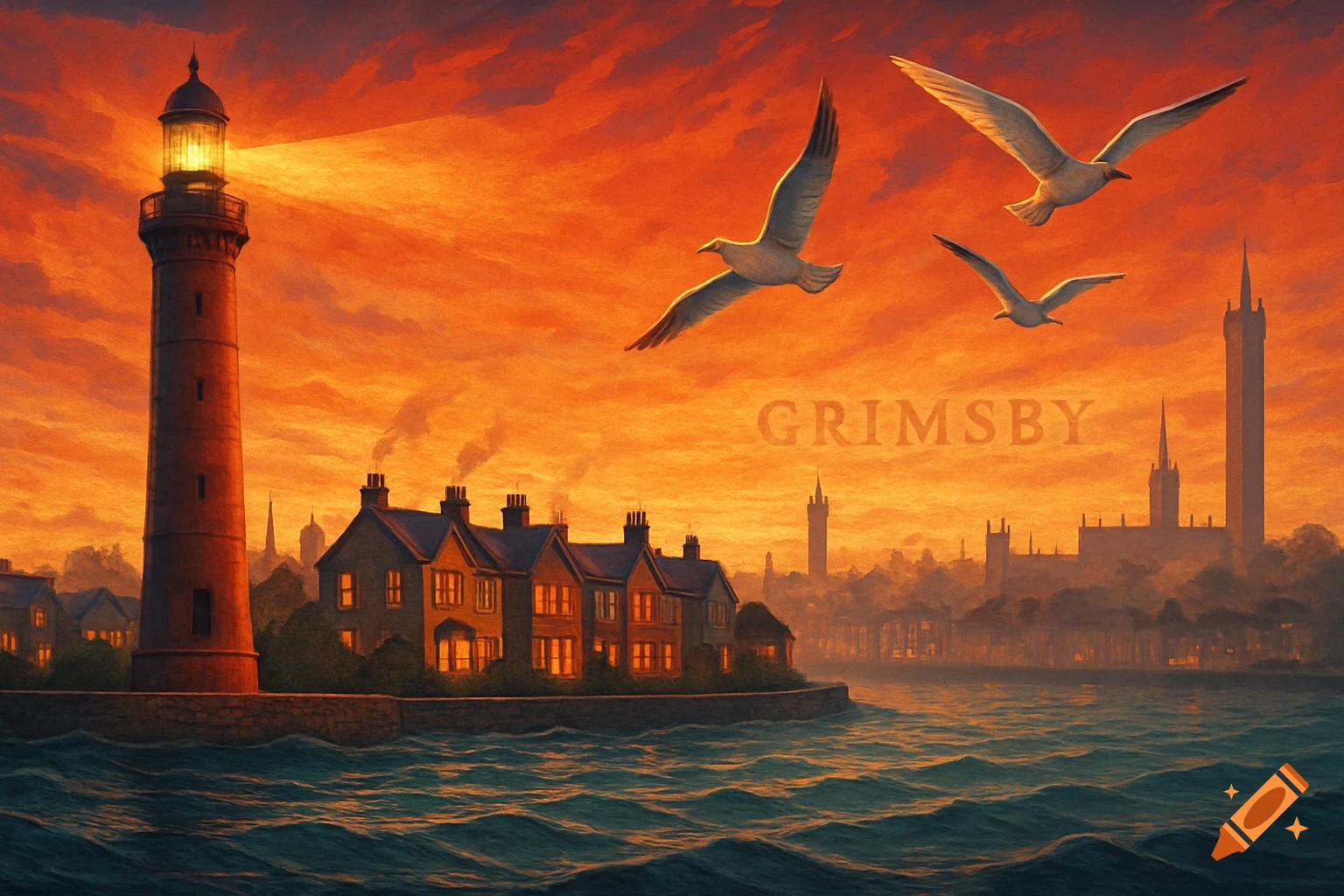 A painterly scene of a lighthouse beaming light over houses on a rocky coast at sunset, with three seagulls flying over a distant city skyline.