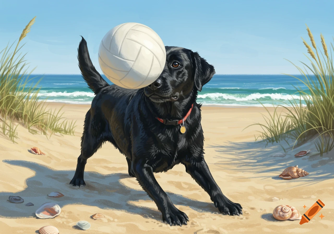 A black Labrador dog balances a white volleyball on its nose on a sandy beach with the ocean in the background, illustrated art.