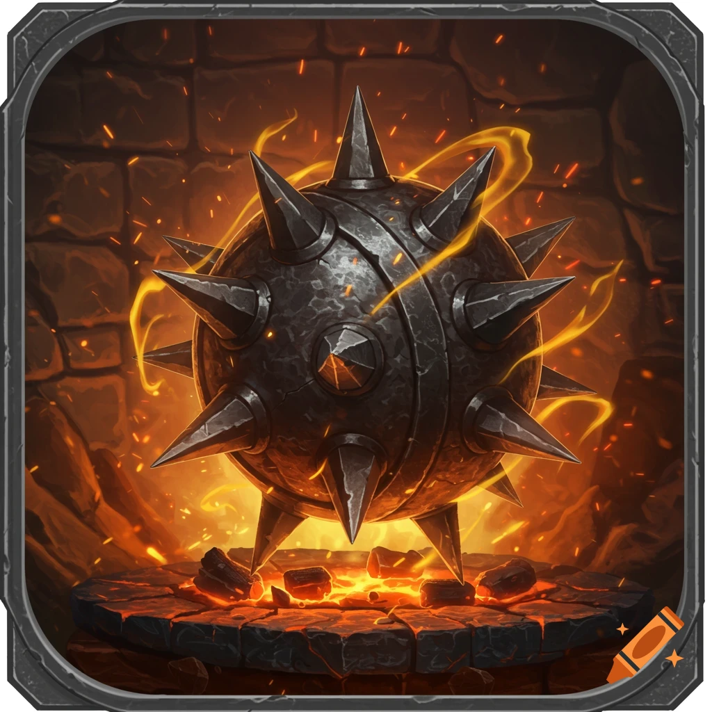 Spiked iron ball icon, glowing with fire on a cracked stone pedestal in a dark, fiery dungeon setting.