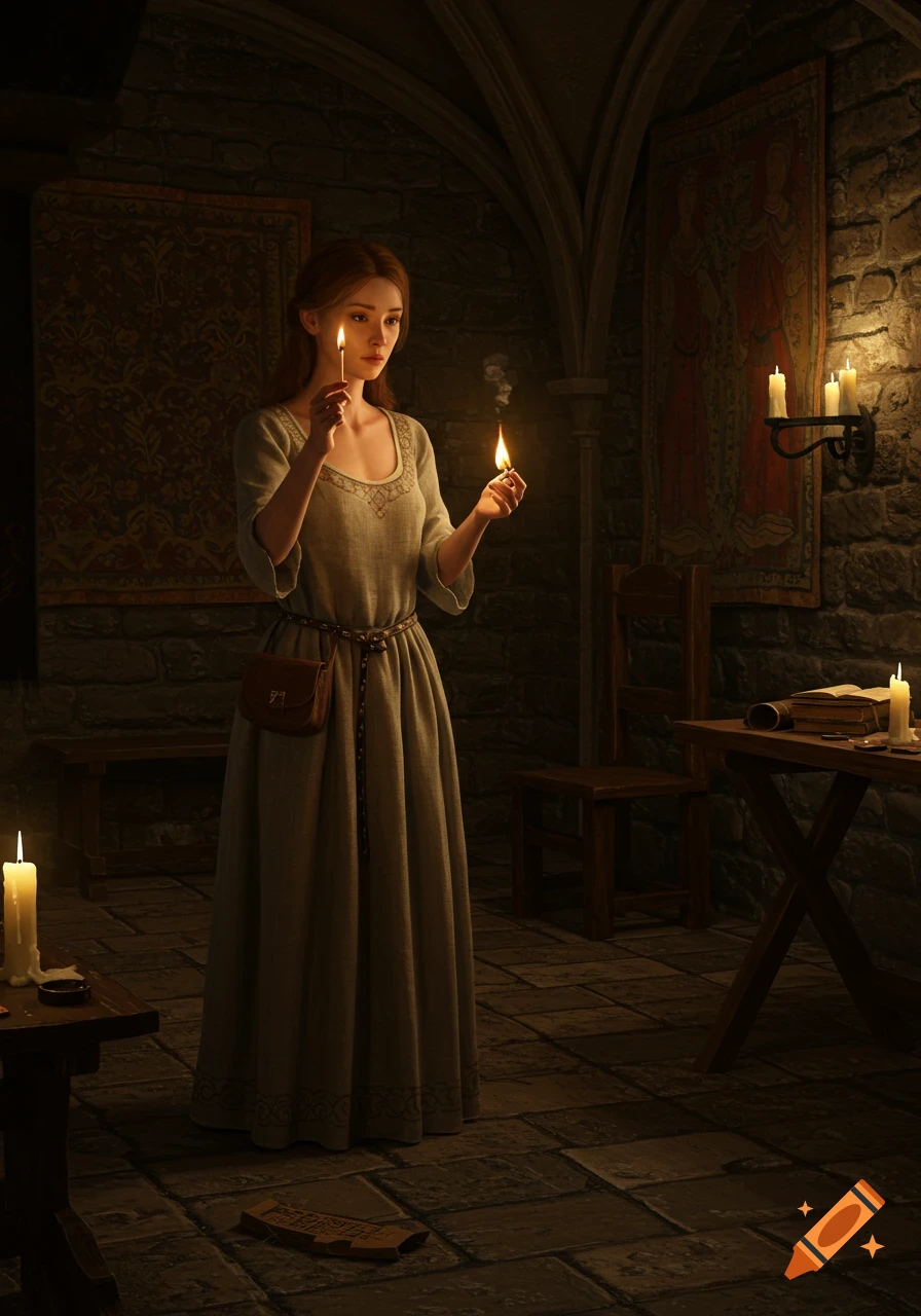 A medieval woman in a simple dress holds a lit match and a newly struck match in a dimly lit stone room, with candles and tapestries in the background.