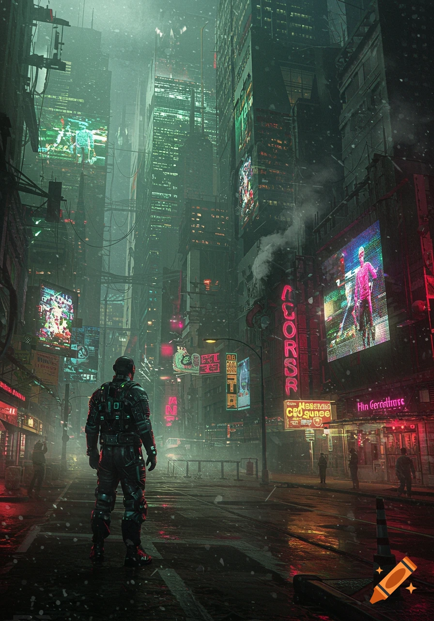 A person in futuristic armor stands in a rainy, neon-lit dystopian cyberpunk city under falling snow, with towering buildings and billboards.
