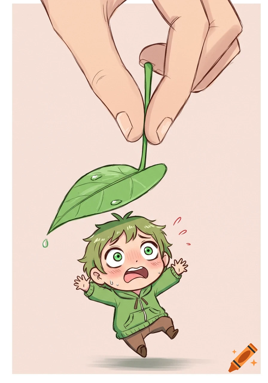 A tiny, green-haired chibi character with big eyes looks panicked as a giant hand holds a large leaf with water droplets over them in a cartoon style.