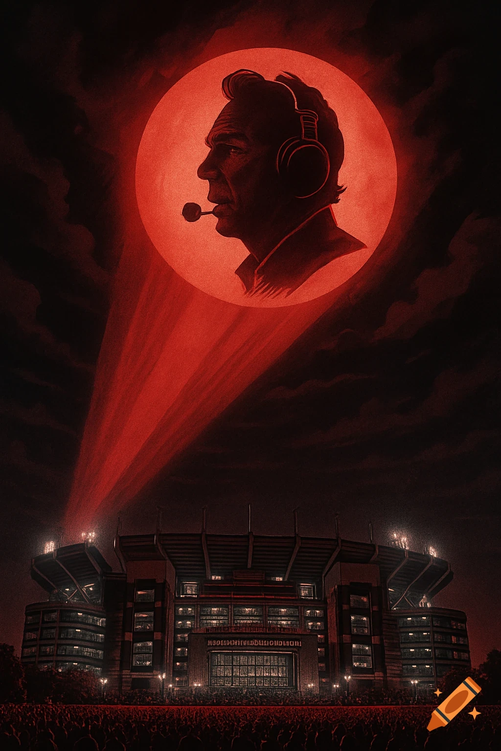 Stylized red silhouette of a football coach with a headset, projected like a signal above a bustling stadium at night.