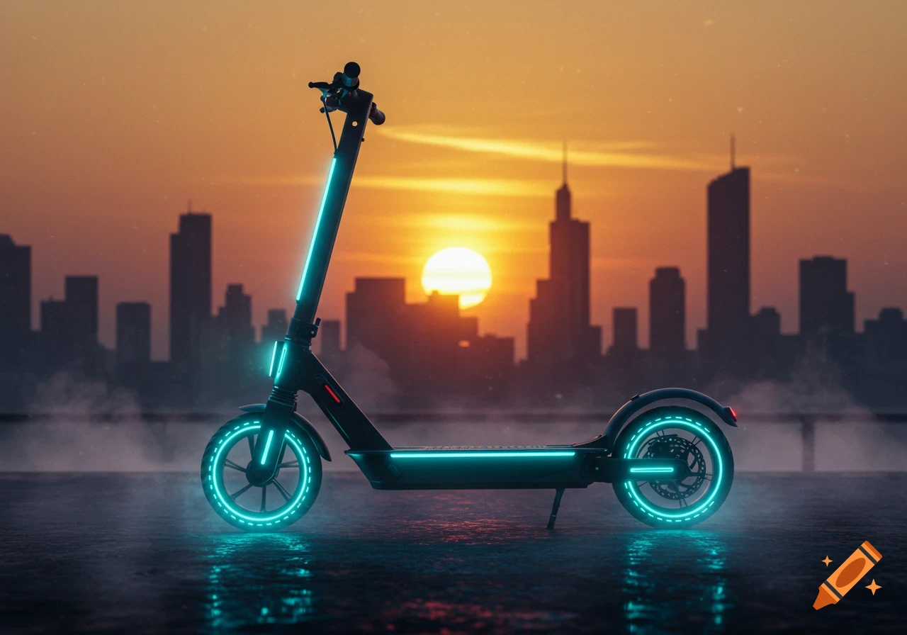 A glowing electric scooter stands on a wet surface with a city skyline and sunset in the background, a futuristic urban scene.