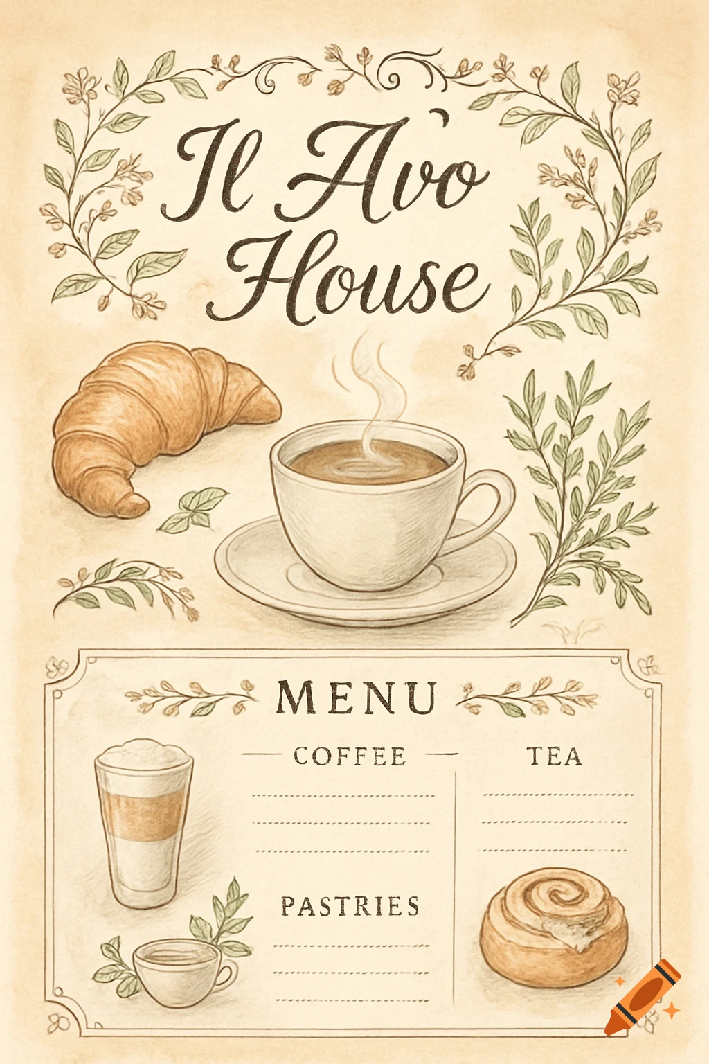 Hand-drawn vintage-style cafe menu for 'Il Avo House' with illustrations of coffee, croissant, latte, and cinnamon roll.
