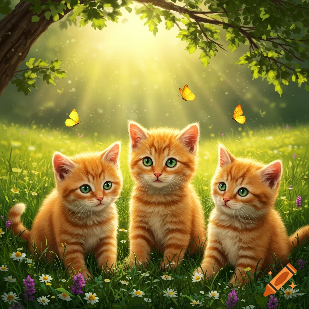 Three fluffy ginger kittens with bright green eyes sit in a sunny meadow among wildflowers and butterflies, under a tree.