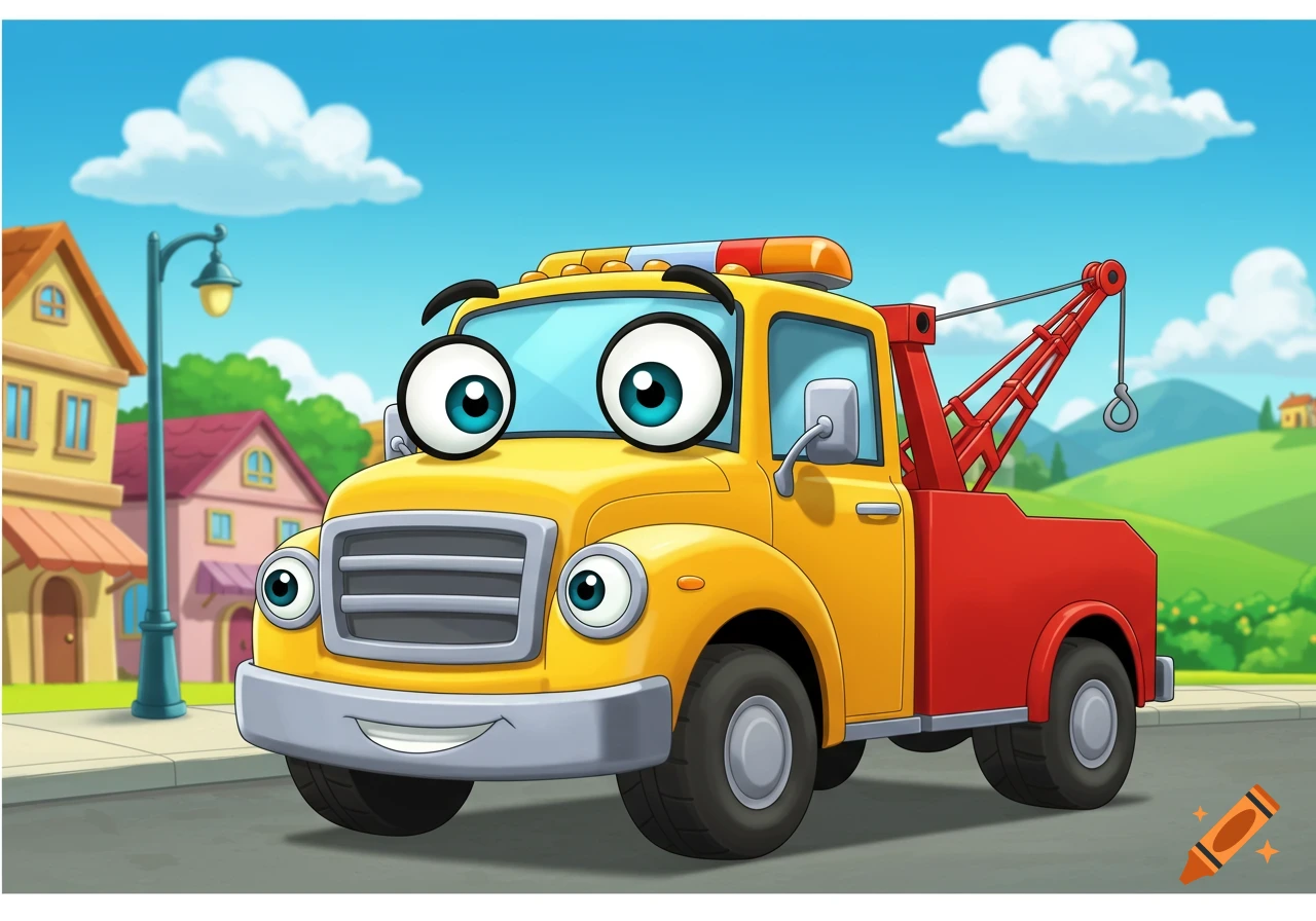 A cheerful yellow and red cartoon tow truck with big goofy eyes and a smile on a street in a vibrant town.