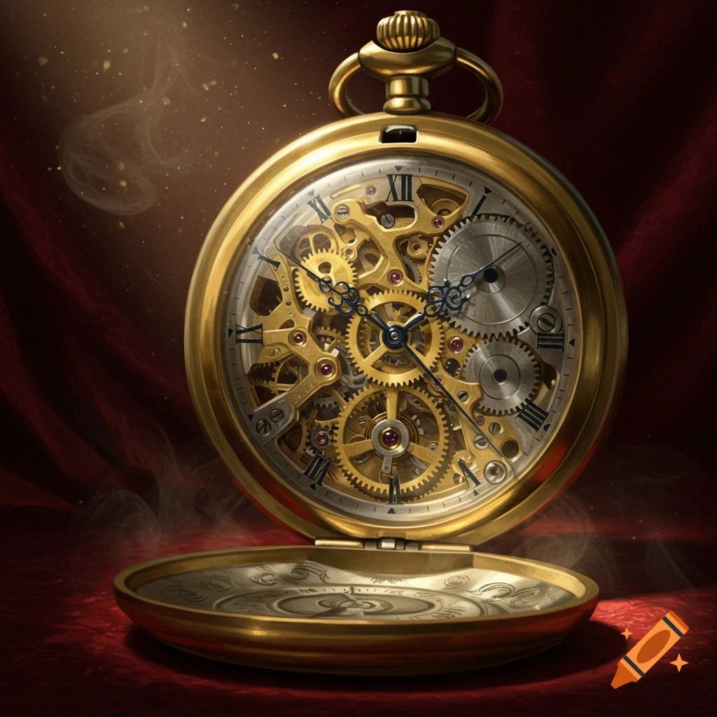 An open, ornate golden pocket watch with intricate exposed clockwork gears and Roman numerals, illuminated on a red velvety surface.