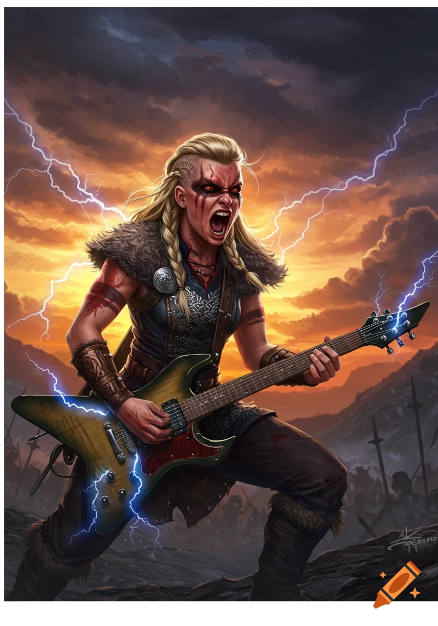 Angry female viking with war paint plays electric guitar amidst lightning and a stormy sky.