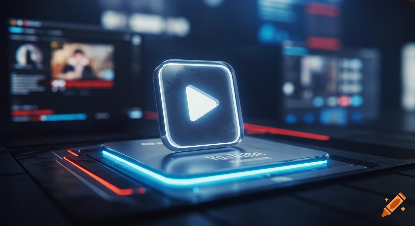 A glowing, futuristic YouTube play button icon rests on a base with "YoTube" text, surrounded by blurred screens displaying user interfaces.