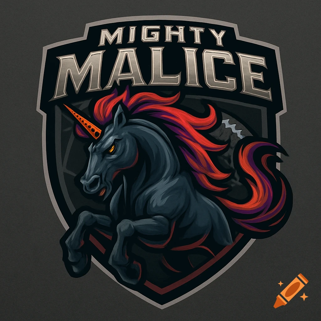 A dark grey unicorn with a fiery red and purple mane rears up in a sports logo shield with the words MIGHTY MALICE.