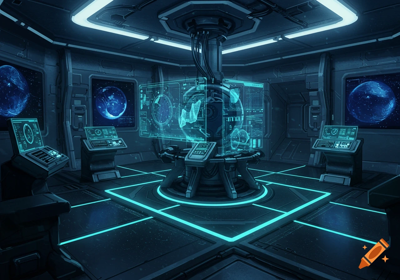 A futuristic high-tech simulator room with glowing blue light strips, multiple control consoles, and holographic displays showing data and planets.