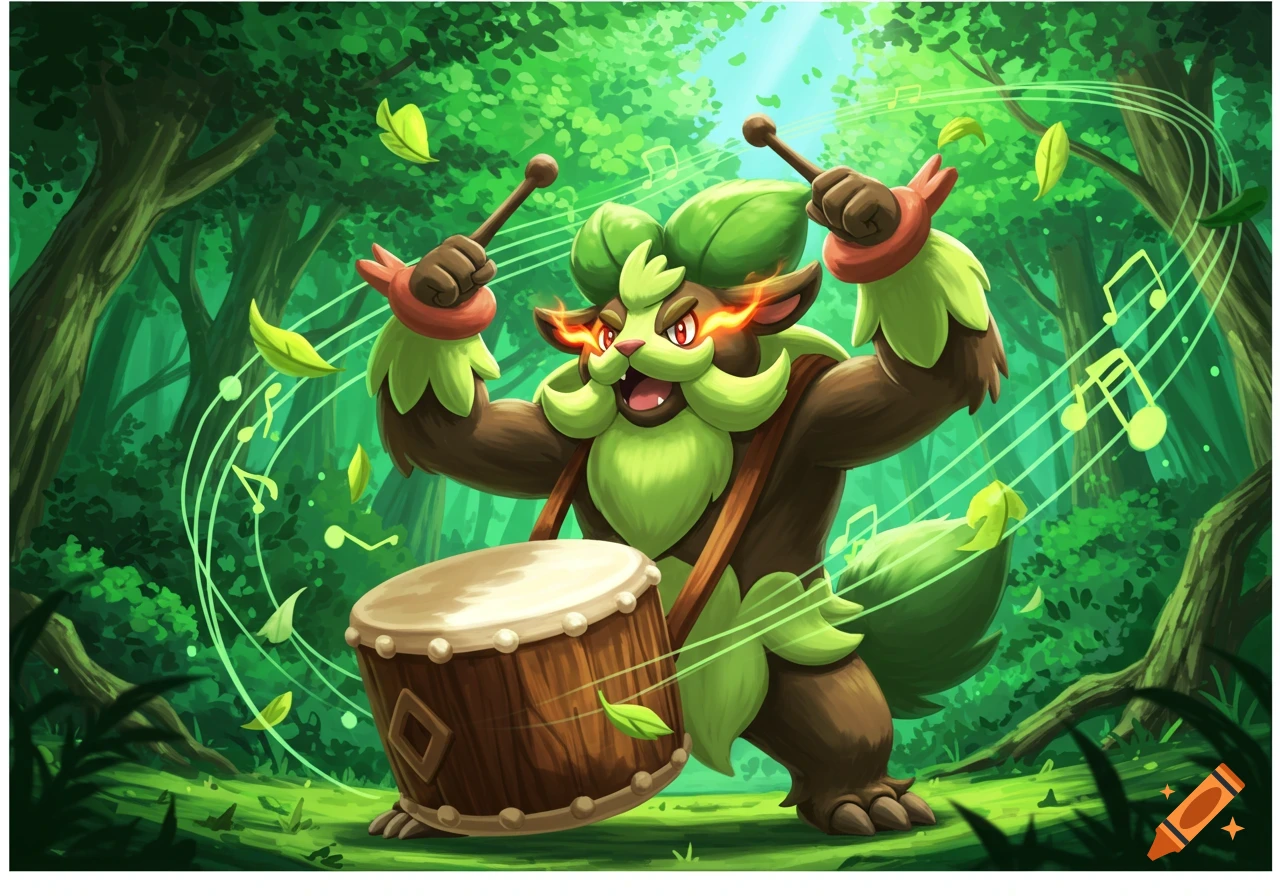 Cartoon Rillaboom-like creature playing a drum in a vibrant green forest, with musical notes and leaves swirling around.