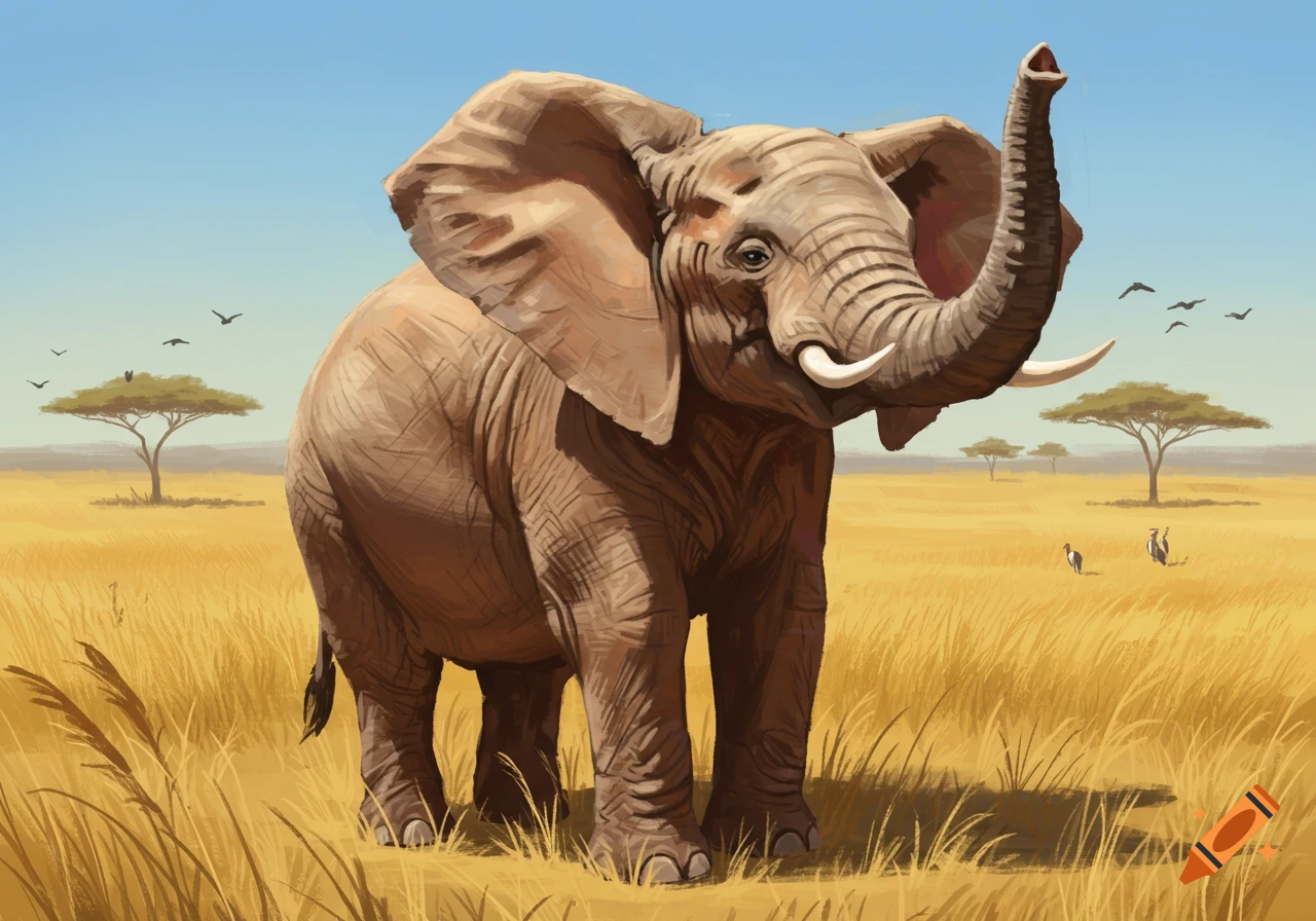 An illustration of a large African elephant with raised trunk and tusks, standing in a golden savanna with acacia trees and birds under a blue sky.