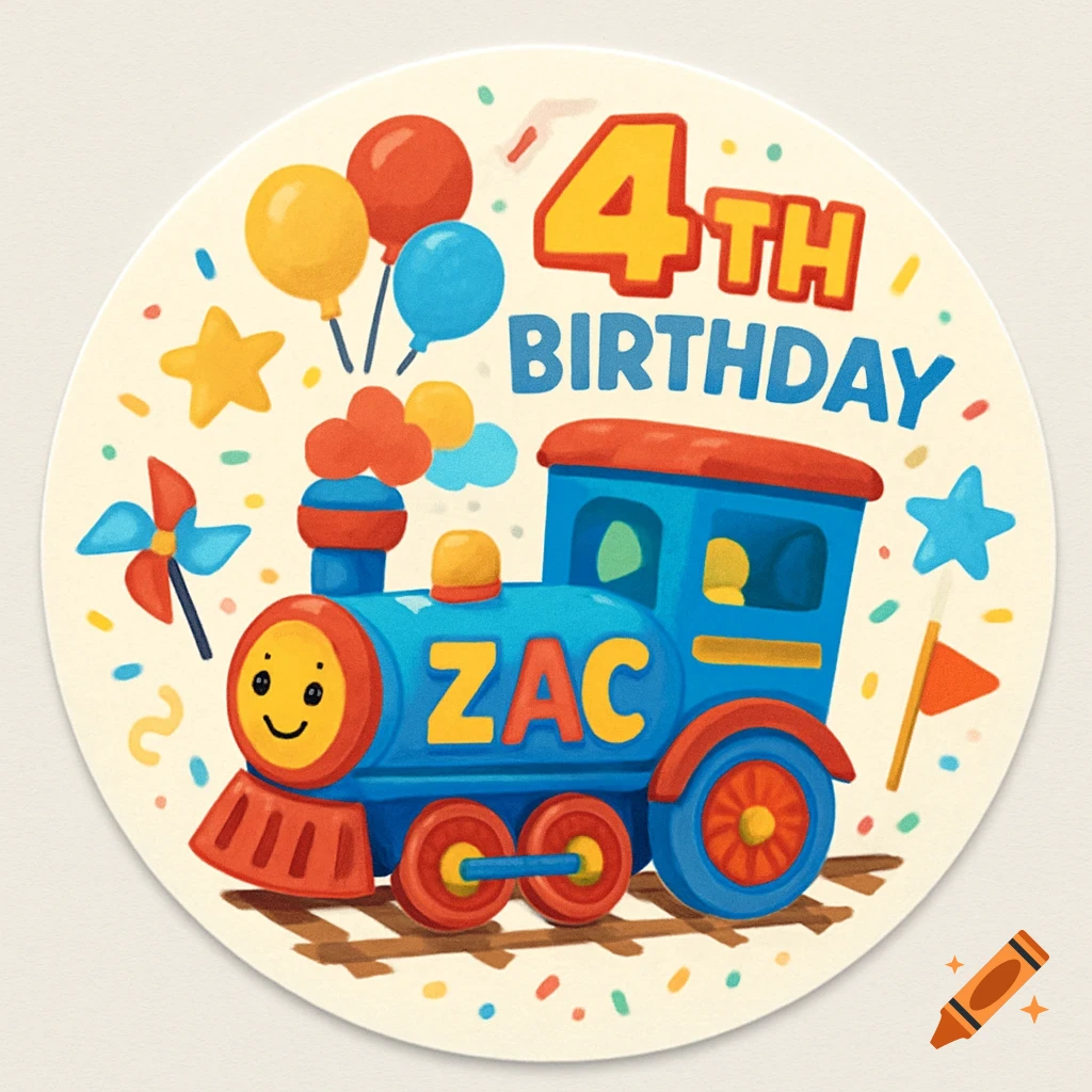 A colorful cartoon 4th birthday sticker featuring a blue train with balloons and confetti, with text "4TH BIRTHDAY ZAC".