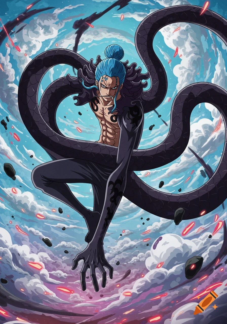 A muscular man with blue hair in a bun and a straw in his mouth, featuring black serpentine arms and legs, floats amidst clouds and debris in a dynamic anime art style.
