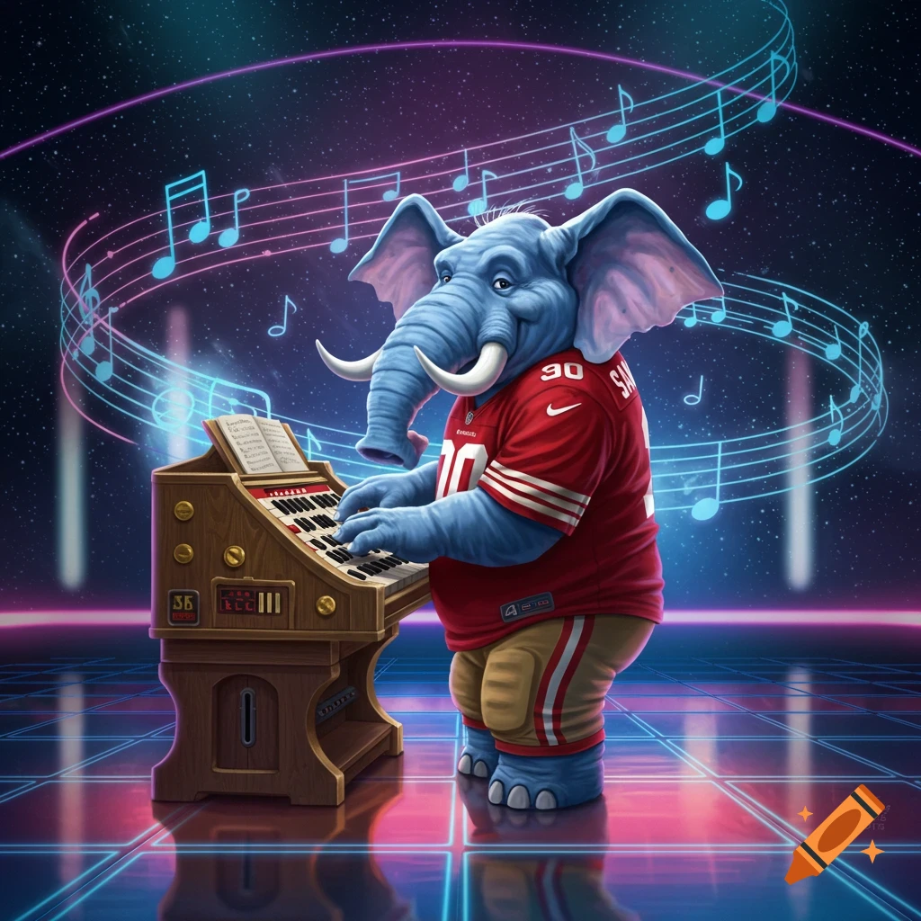 A cartoon blue elephant wearing a red football jersey plays a wooden organ on a neon-grid floor in a starry, synthwave-style space.
