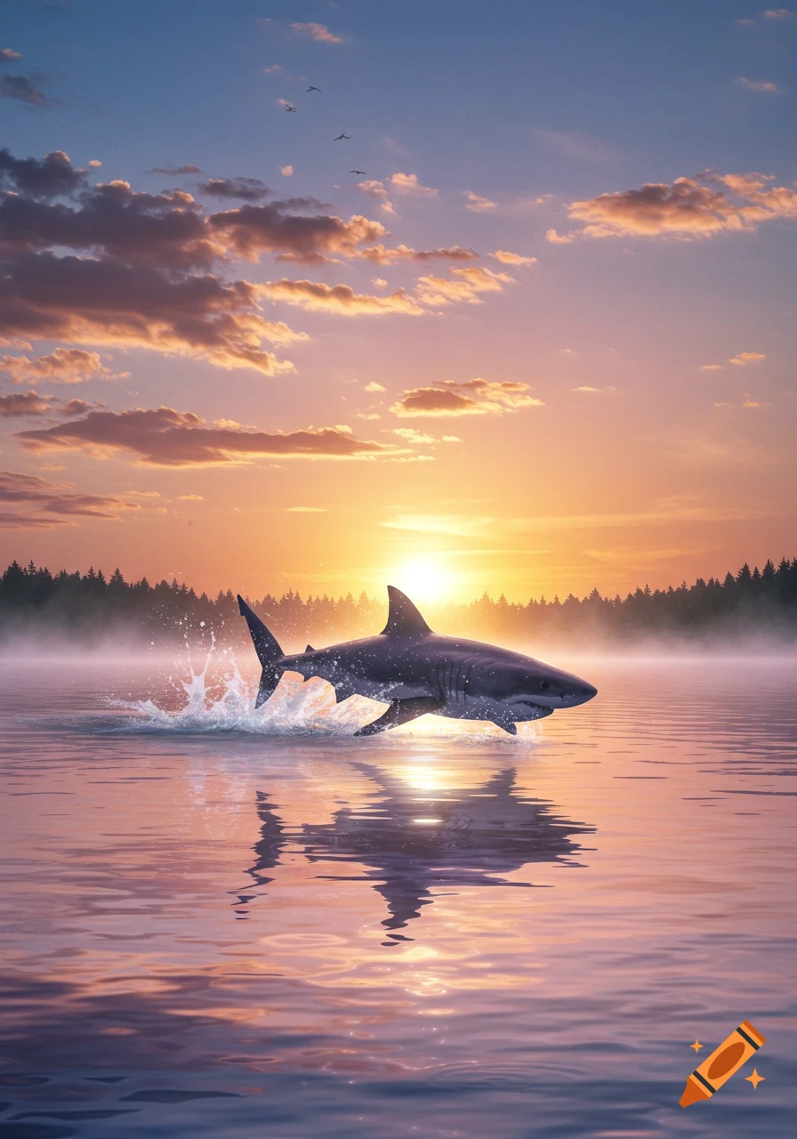 Photorealistic image of a shark leaping from tranquil water at sunset, with a forest in the misty background.