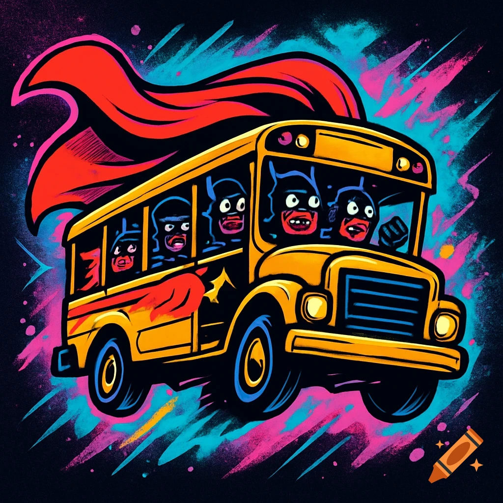 A comic-style bus with a red cape, carrying off-beat, exaggerated cartoon superheroes, against a vibrant, neon-splashed background.