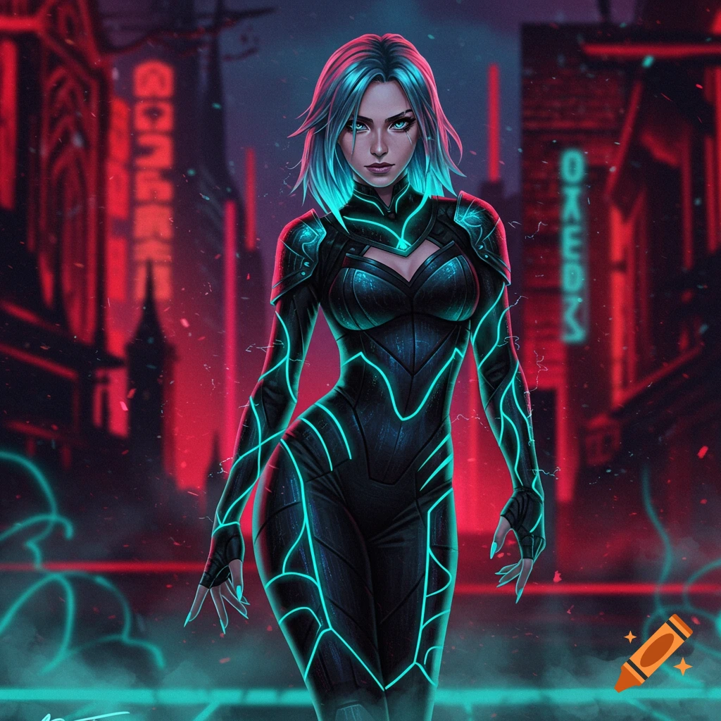 A striking woman with glowing blue hair and a black suit with neon teal lines stands in a dark, red-lit cyberpunk city, digital art.