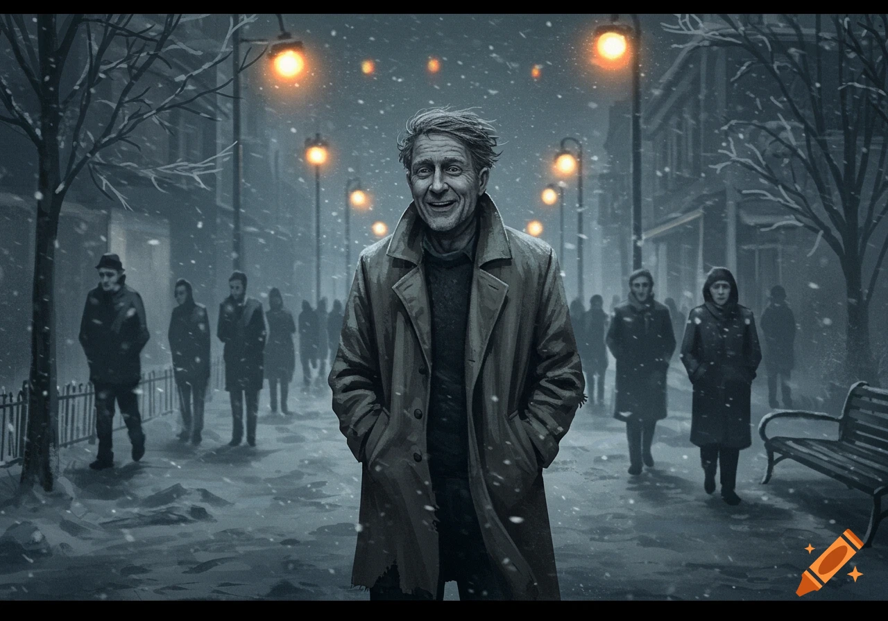 A man in a trench coat smiles in a snowy, lamp-lit city street, with blurry pedestrians in the background. Illustrated style.