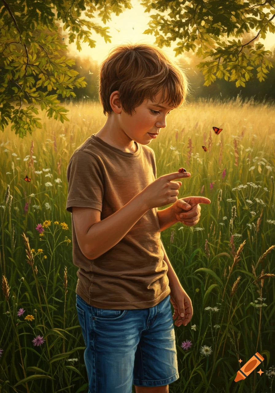 A young boy with brown hair in a sunny, golden field, gently looking at a ladybug on his finger. Butterflies flutter around.