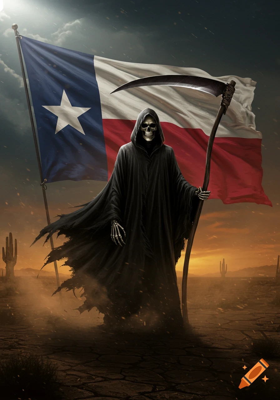 A dramatic illustration of the Grim Reaper holding a scythe, standing in a desolate desert at sunset, with a large Texas flag waving in the stormy sky behind him.