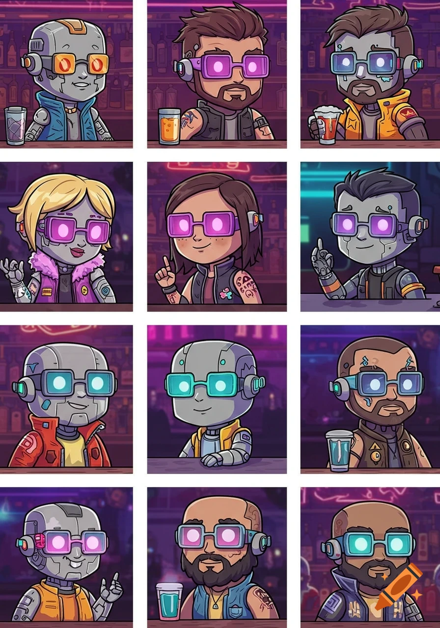 Grid of 12 cartoon cyberpunk characters, humans and robots, with bright neon glasses, sitting at a bar in a kawaii art style.