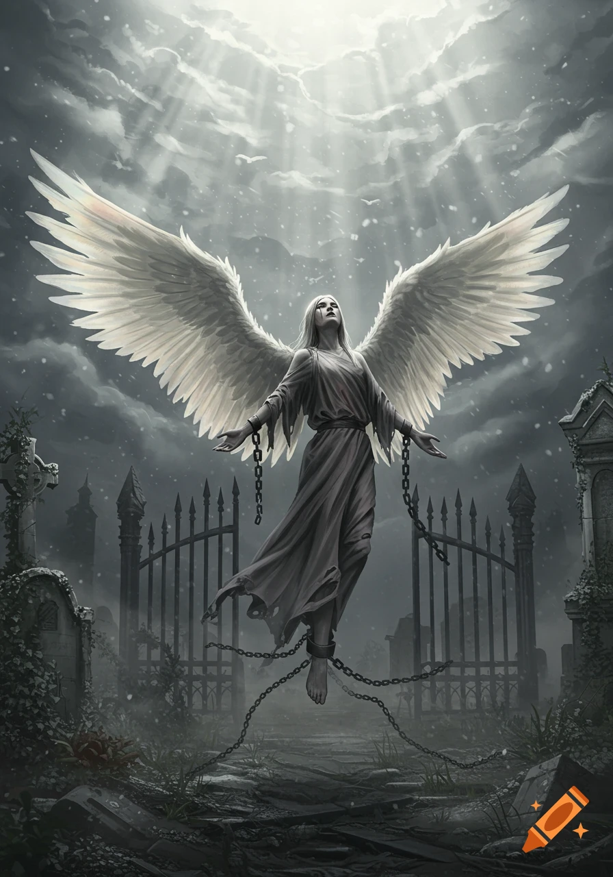 Gothic digital art of a chained angel hovering in a graveyard, with light shining from the clouds above.