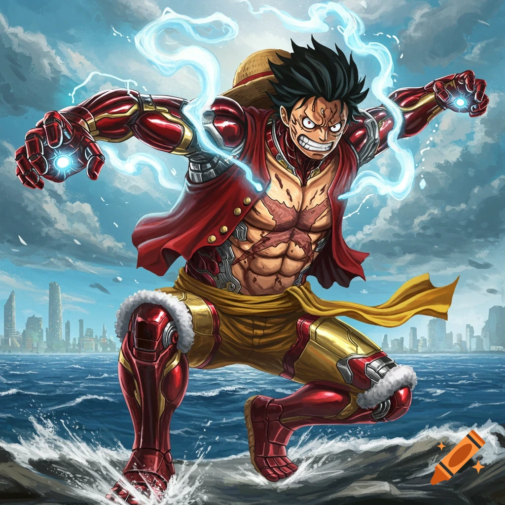 Monkey D. Luffy in Iron Man armor with blue lightning, leaping from ocean waves in an anime style.