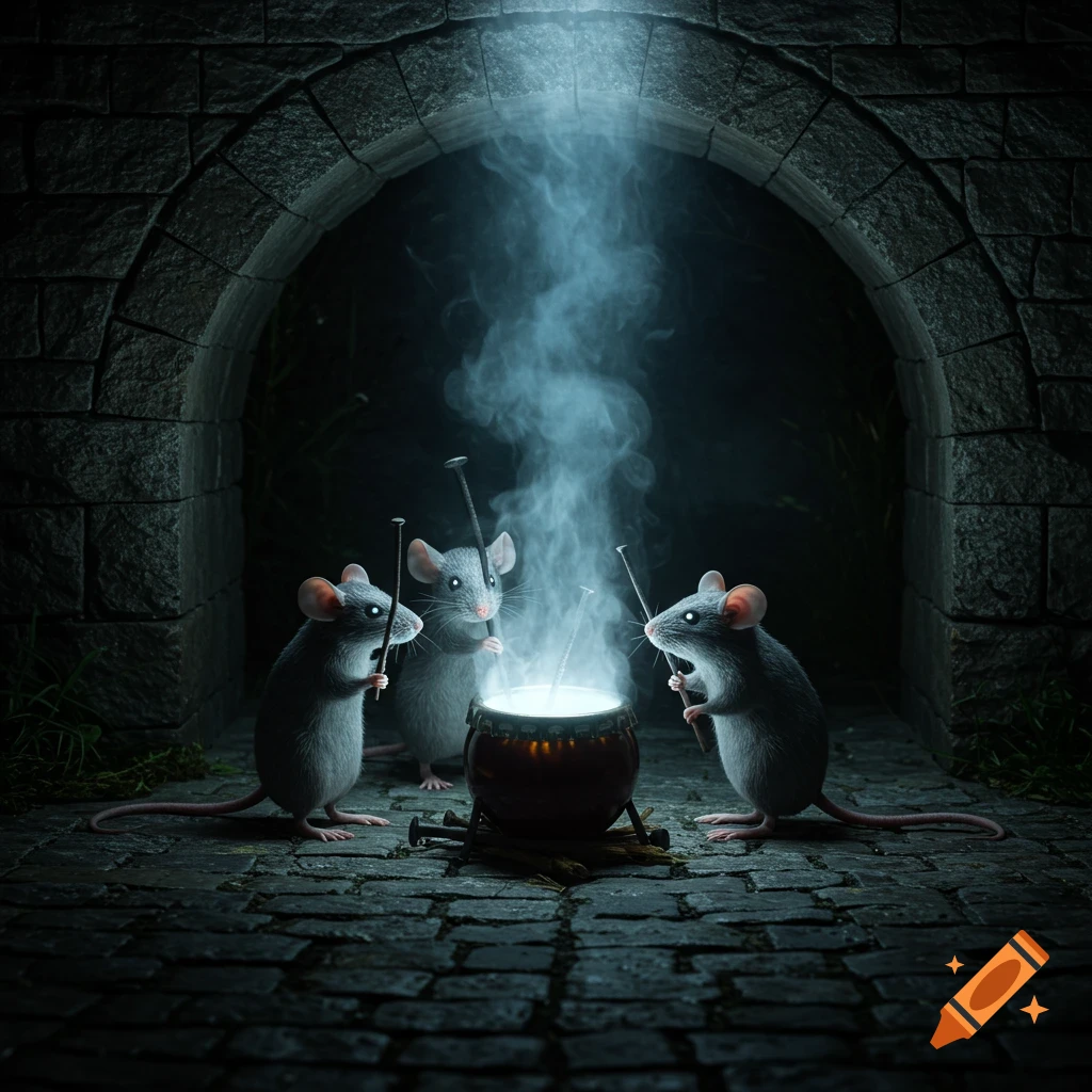 Three mice stir a glowing cauldron with sticks under a dark stone archway, evoking a mysterious fantasy scene.