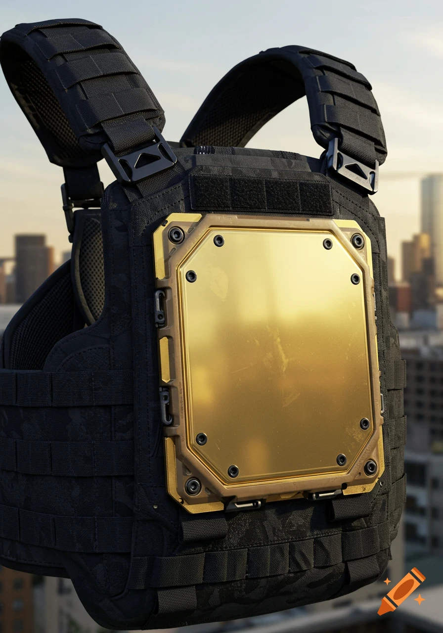 A close-up of a black tactical chest rig with a large, reflective gold square plate, set against a blurred city background.